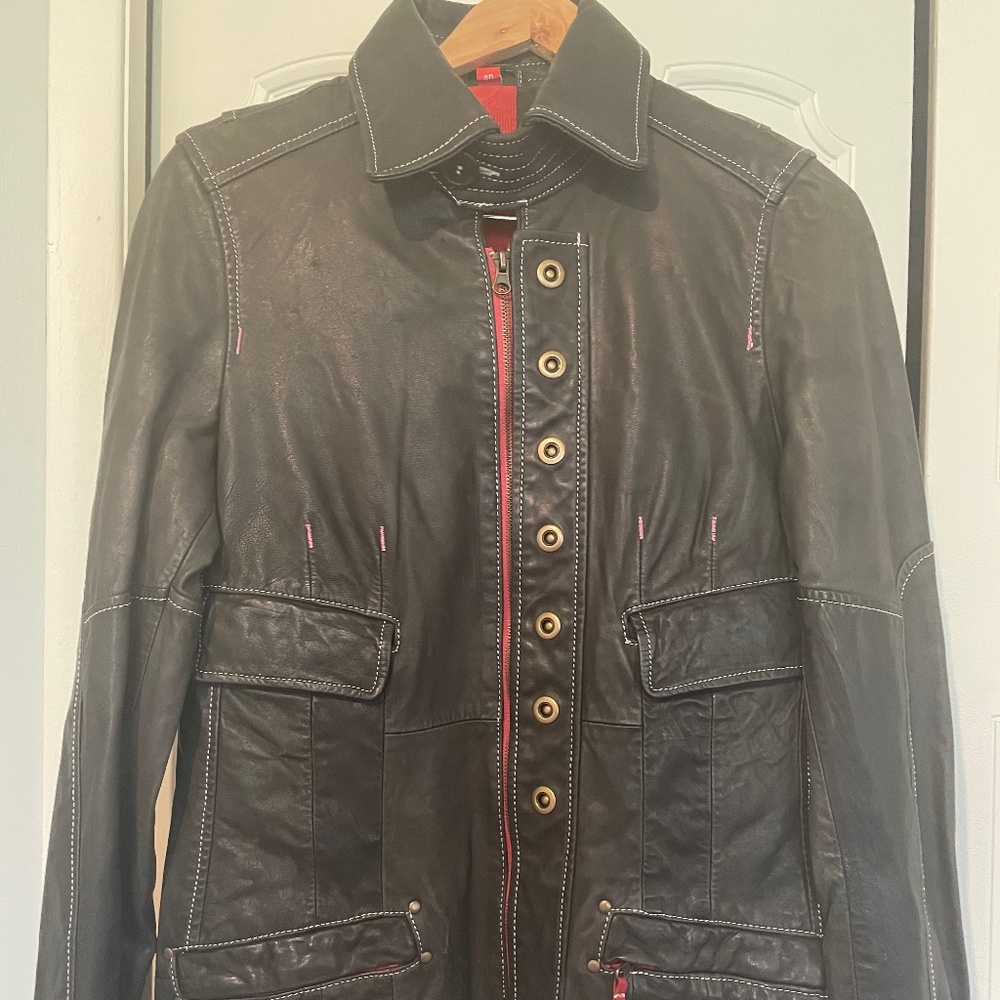Ganni brown leather jacket/coat with coral pink trim, S, NWOT, EUC
